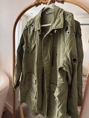 Zara Olive Green Military Field Jacket with Eyelet Detail